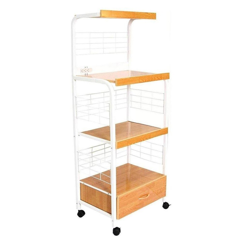 White and Natural 26" Rolling Kitchen Cart With Storage HomeRoots