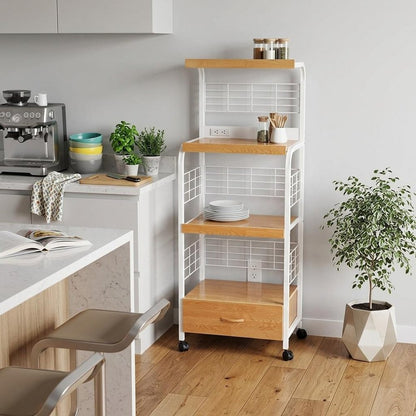 White and Natural 26" Rolling Kitchen Cart With Storage HomeRoots