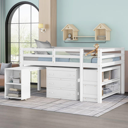 Low Study Full Loft Bed with Cabinet Shelves and Rolling Portable Desk Multiple Functions Bed- White - FurniFindUSA