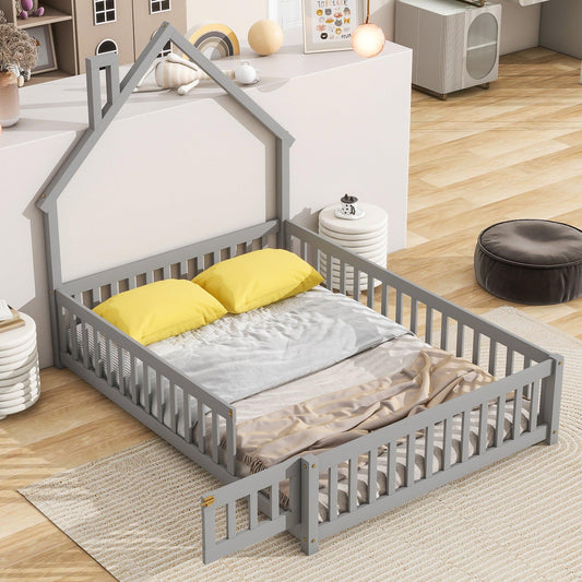 Full House-Shaped Headboard Floor Bed with Fence Grey - FurniFindUSA