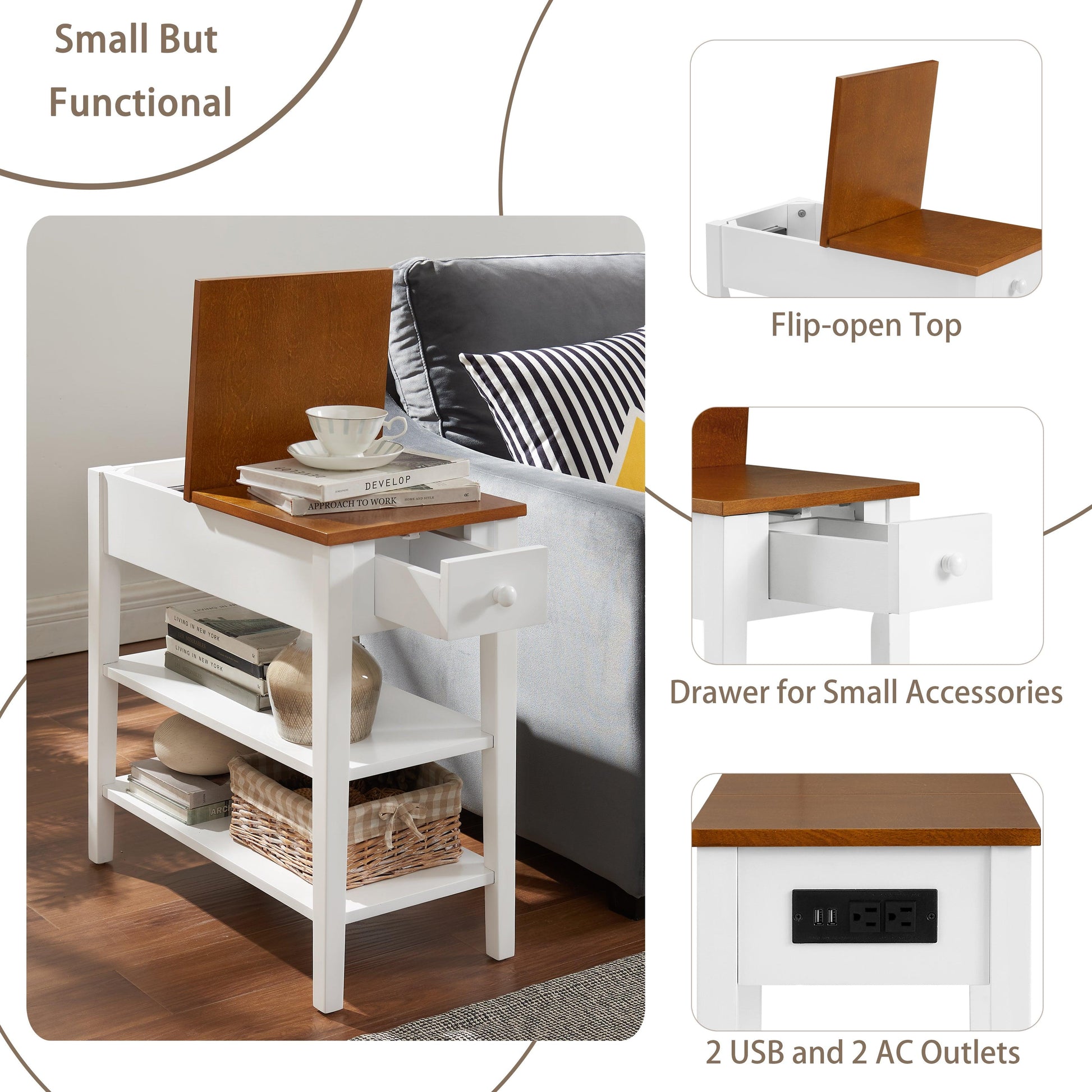 Narrow 2-tone End Table with USB Charging Ports for Small Space SOLID WOOD Table Legs White and Walnut 11.8"W*24"D*24.2"H - FurniFindUSA