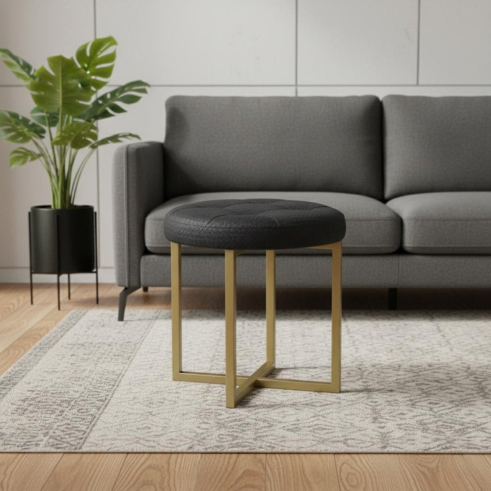 16" Gold Faux Leather Tufted Footstool HomeRoots