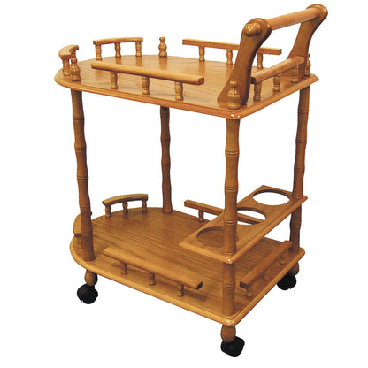 Oak Irregular Rolling Bar Cart With Wine Storage