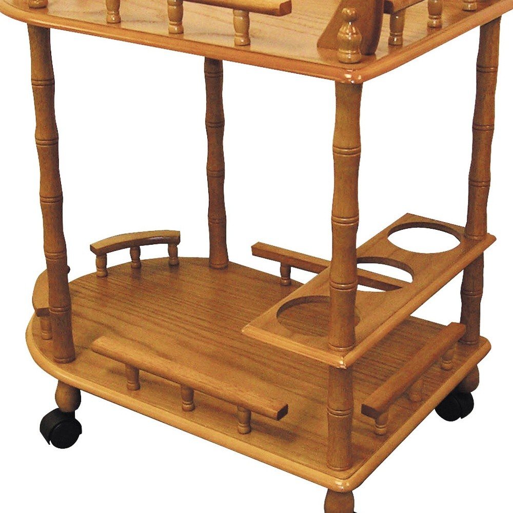 24" Oak Wood Rolling Bar Cart With Wine Storage HomeRoots