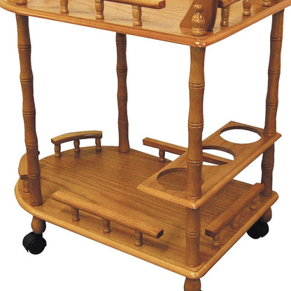 Oak Irregular Rolling Bar Cart With Wine Storage