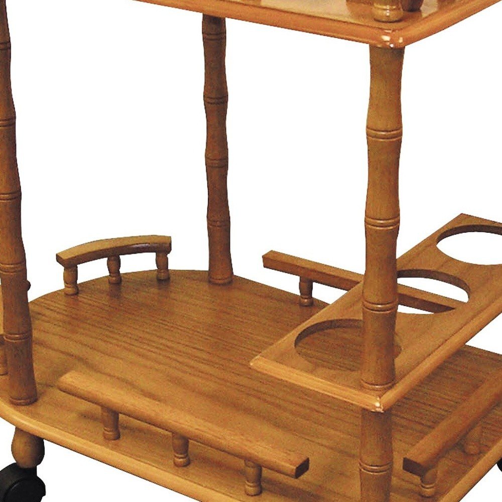 24" Oak Wood Rolling Bar Cart With Wine Storage HomeRoots