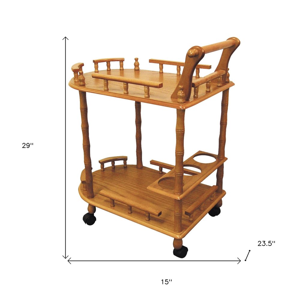 24" Oak Wood Rolling Bar Cart With Wine Storage HomeRoots