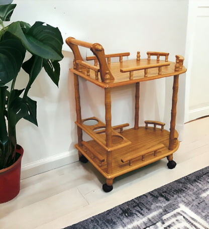 Oak Irregular Rolling Bar Cart With Wine Storage