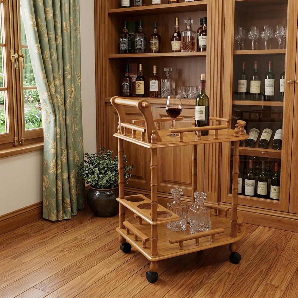 24" Oak Wood Rolling Bar Cart With Wine Storage HomeRoots