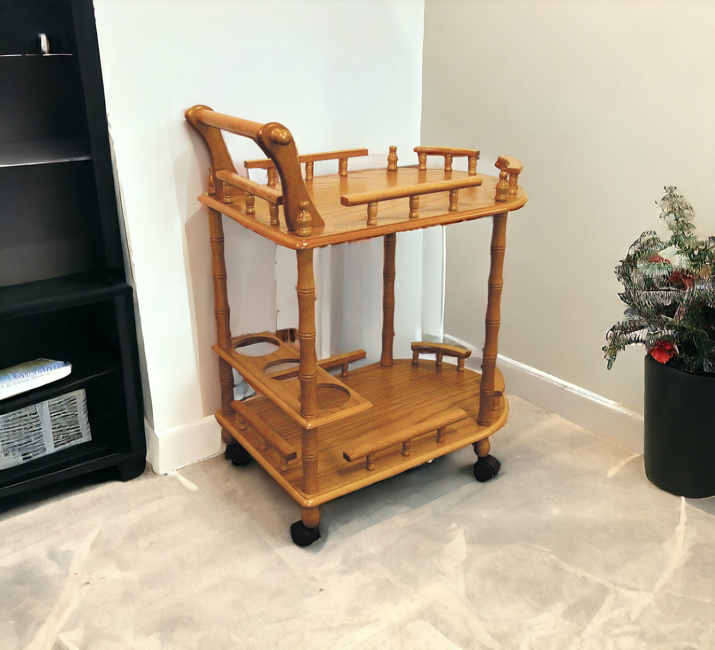 Oak Irregular Rolling Bar Cart With Wine Storage