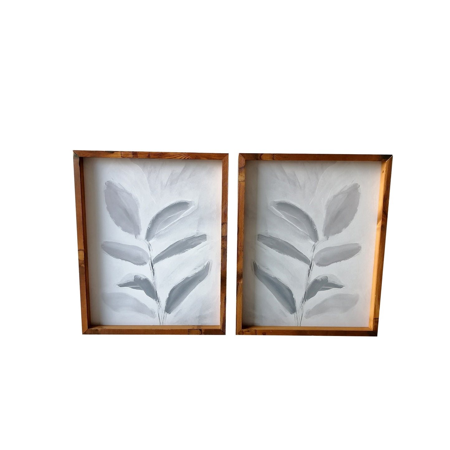 Set Of Two Modern Blue Gray Leaves Framed Canvas Wall Art Brown Picture Frame Print Wall Art