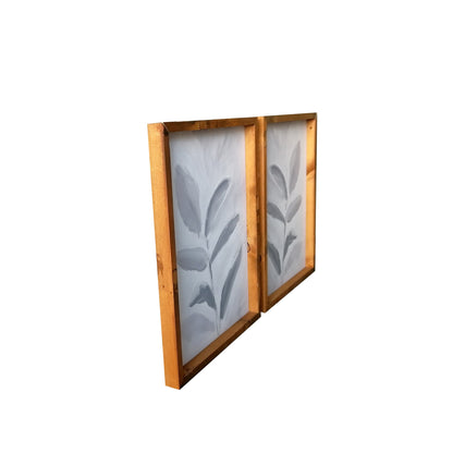 Set Of Two Modern Blue Gray Leaves Framed Canvas Wall Art Brown Picture Frame Print Wall Art