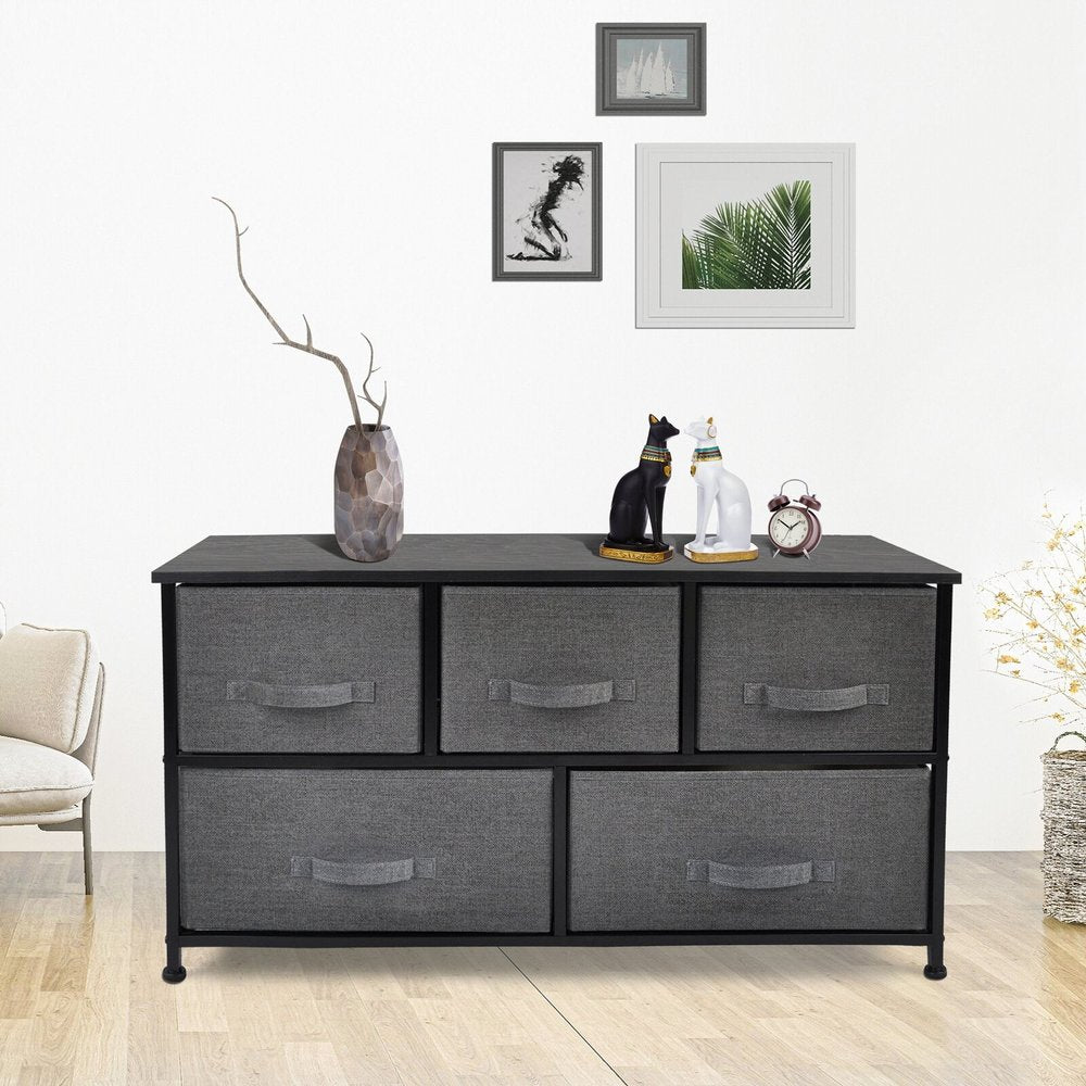 39" Black And Dark Fabric and Steel Accent Chest With Two Shelves And Five Drawers HomeRoots