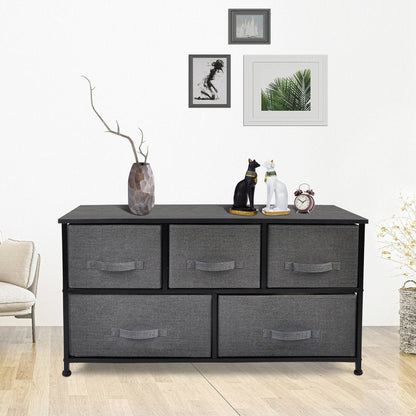 39" Black And Dark Fabric and Steel Accent Chest With Two Shelves And Five Drawers HomeRoots