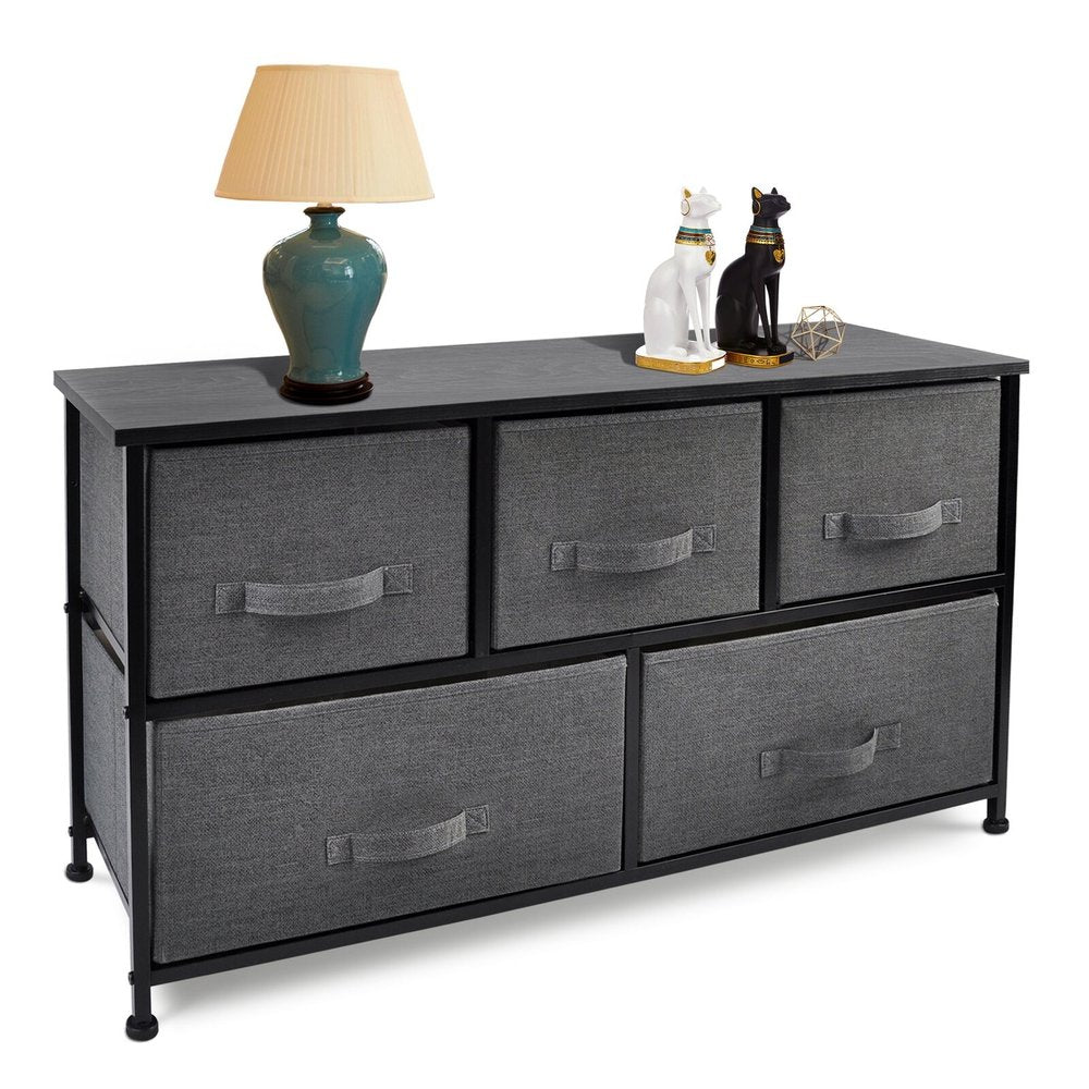 39" Black And Dark Fabric and Steel Accent Chest With Two Shelves And Five Drawers HomeRoots