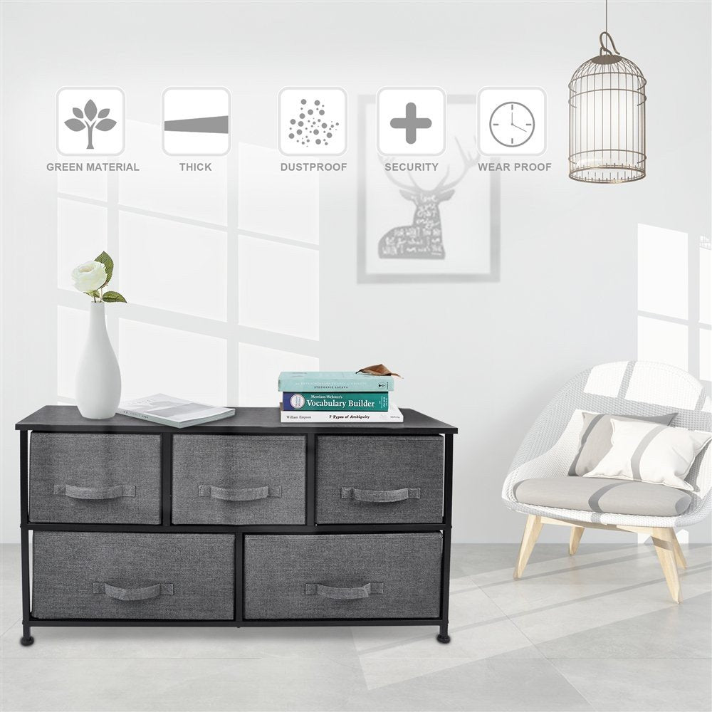 39" Black And Dark Fabric and Steel Accent Chest With Two Shelves And Five Drawers HomeRoots