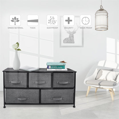 39" Black And Dark Fabric and Steel Accent Chest With Two Shelves And Five Drawers HomeRoots