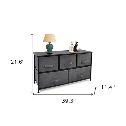 39" Black And Dark Fabric and Steel Accent Chest With Two Shelves And Five Drawers