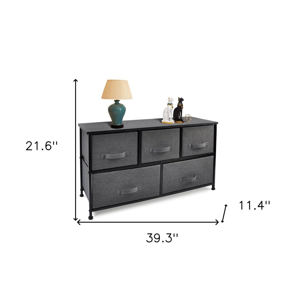 39" Black And Dark Fabric and Steel Accent Chest With Two Shelves And Five Drawers HomeRoots