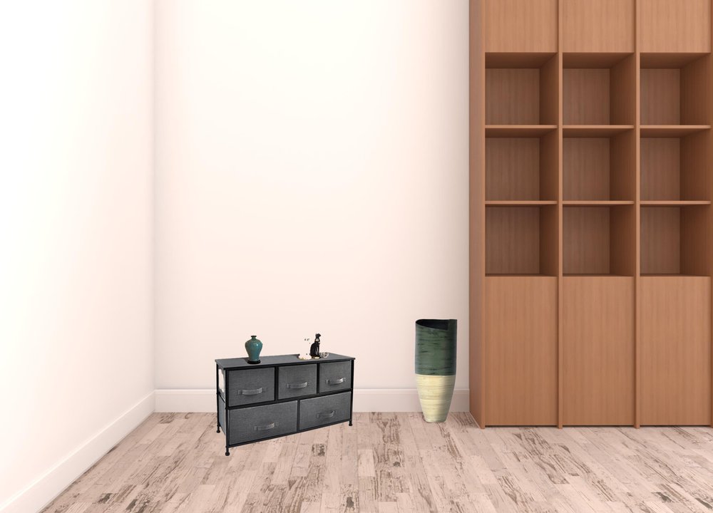 39" Black And Dark Fabric and Steel Accent Chest With Two Shelves And Five Drawers HomeRoots