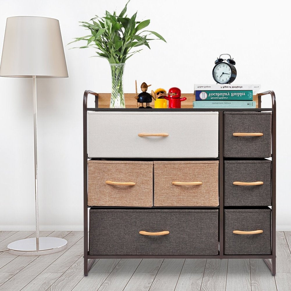 32" Brown Fabric and Steel Accent Chest With Two Shelves And Seven Drawers HomeRoots