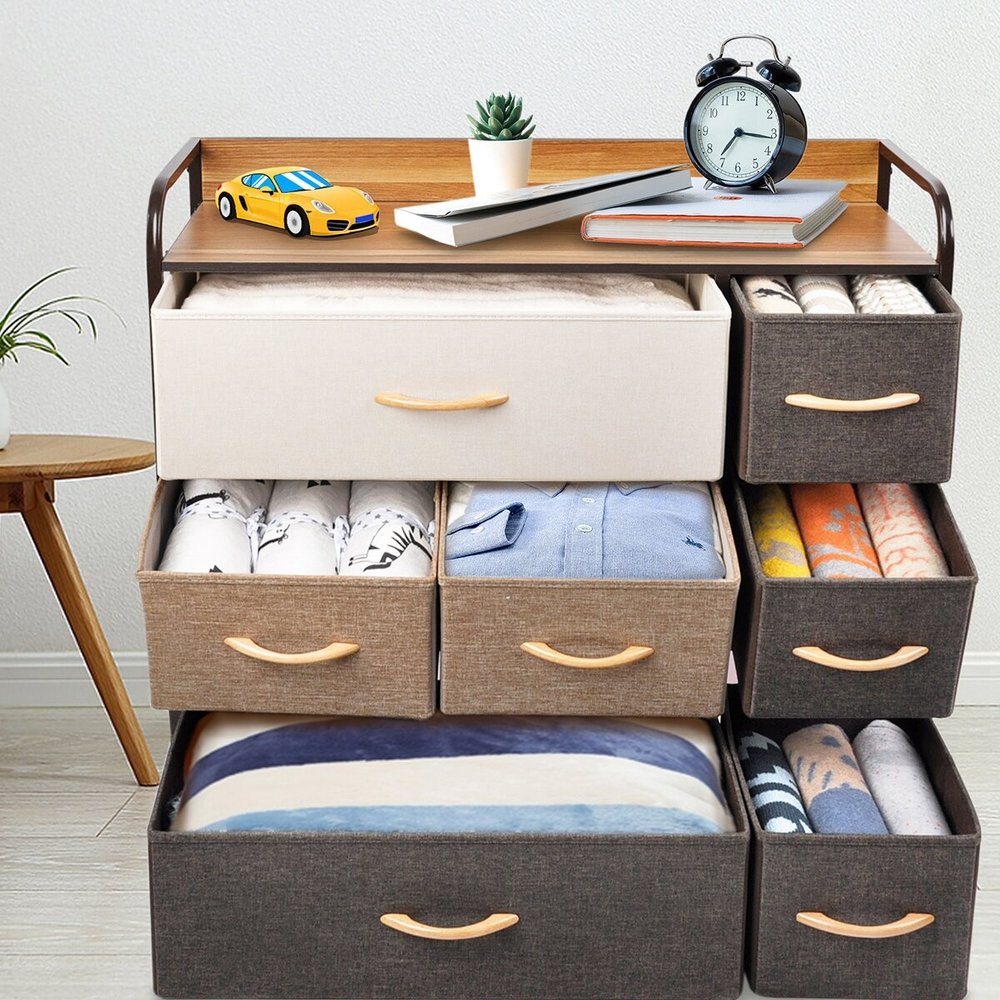 32" Brown Fabric and Steel Accent Chest With Two Shelves And Seven Drawers HomeRoots