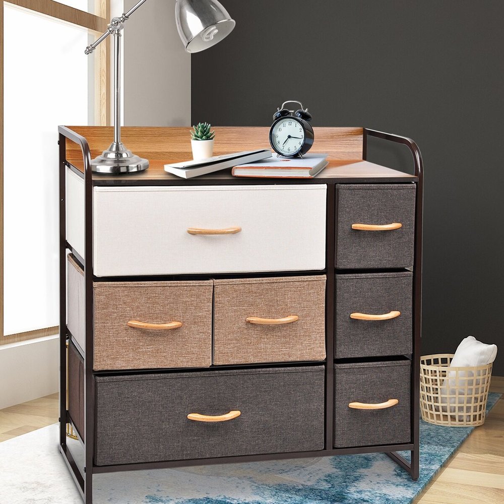 32" Brown Fabric and Steel Accent Chest With Two Shelves And Seven Drawers HomeRoots