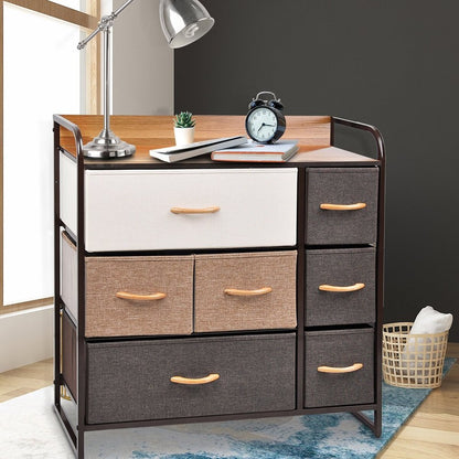 32" Brown Fabric and Steel Accent Chest With Two Shelves And Seven Drawers HomeRoots