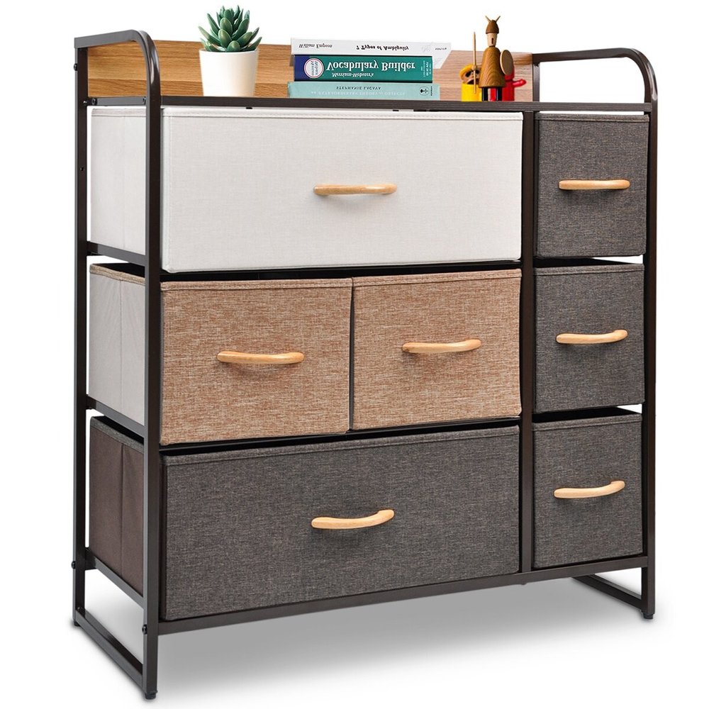 32" Brown Fabric and Steel Accent Chest With Two Shelves And Seven Drawers HomeRoots