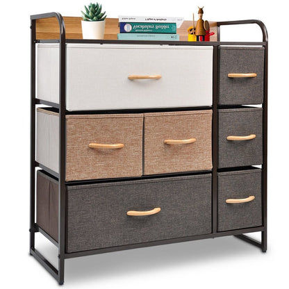 32" Brown Fabric and Steel Accent Chest With Two Shelves And Seven Drawers HomeRoots