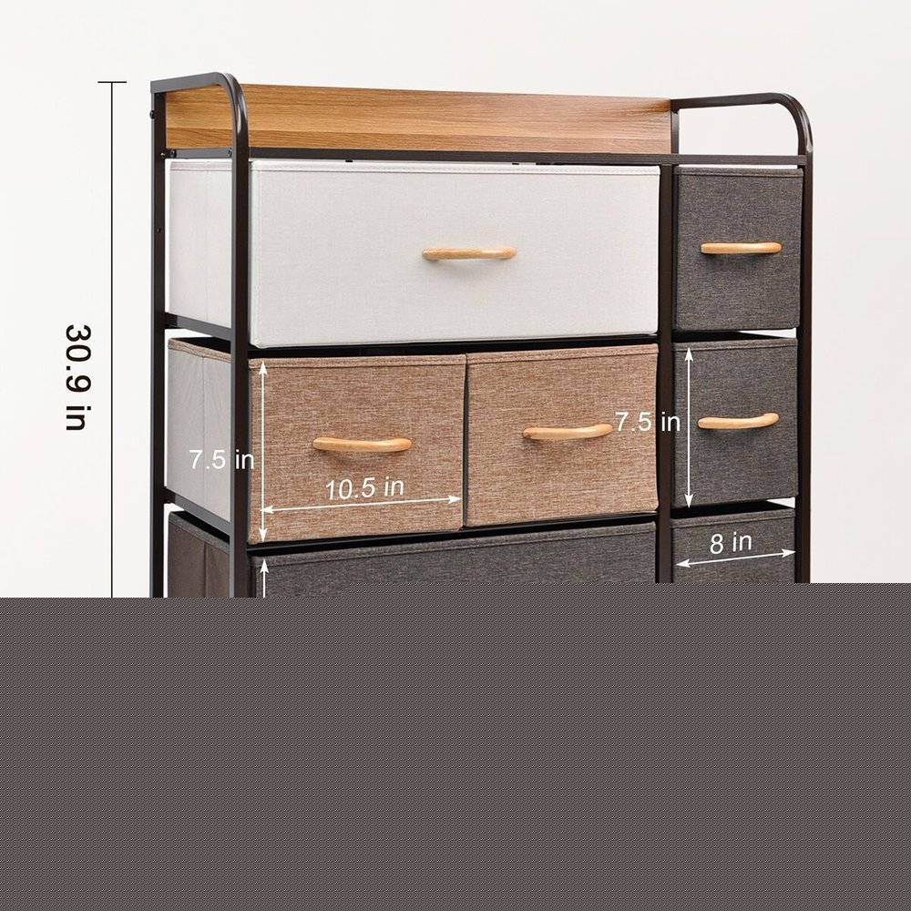 32" Brown Fabric and Steel Accent Chest With Two Shelves And Seven Drawers HomeRoots
