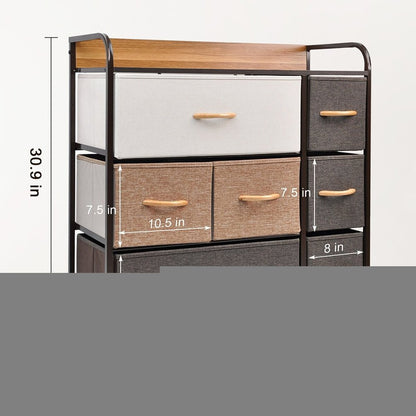 32" Brown Fabric and Steel Accent Chest With Two Shelves And Seven Drawers HomeRoots