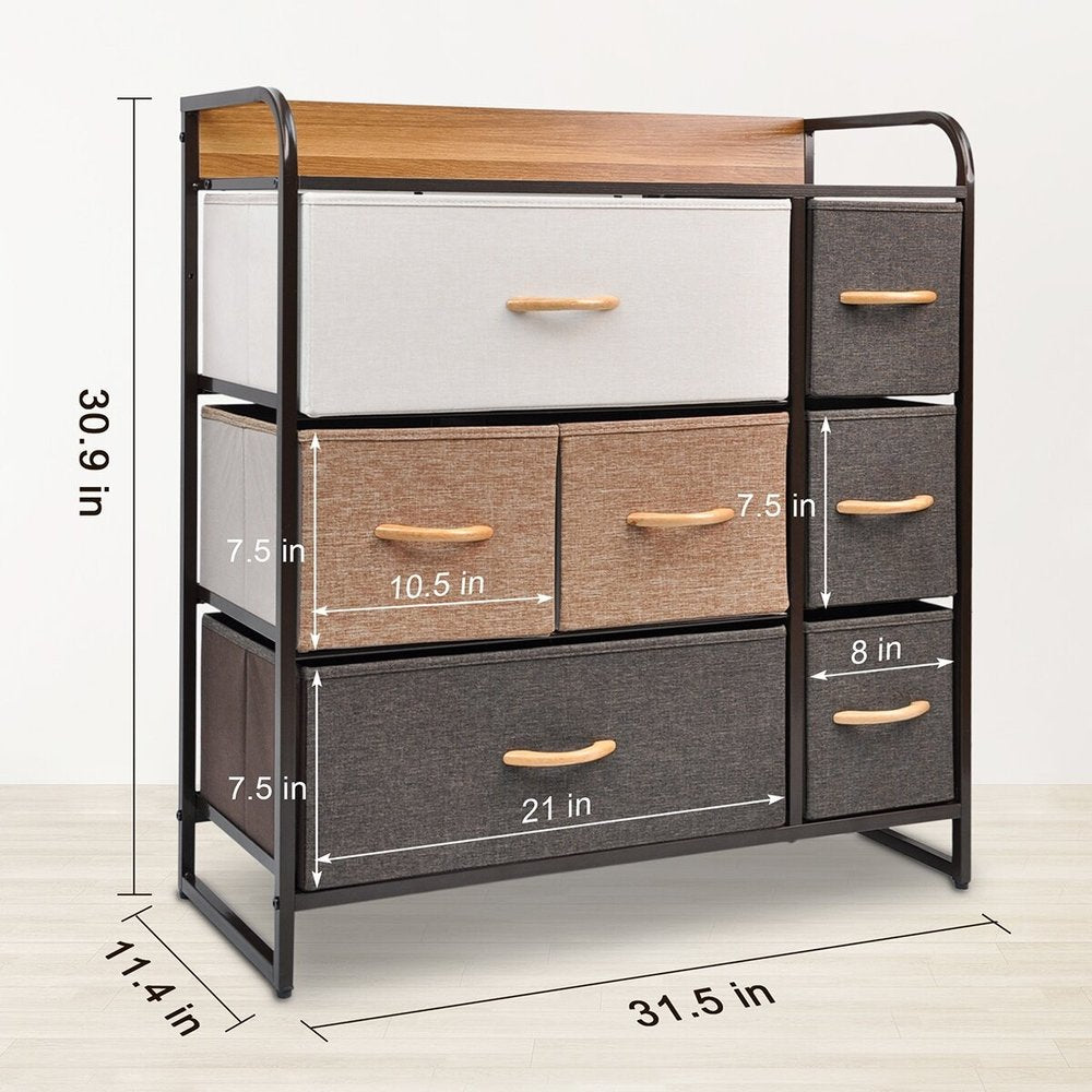 32" Brown Fabric and Steel Accent Chest With Two Shelves And Seven Drawers HomeRoots