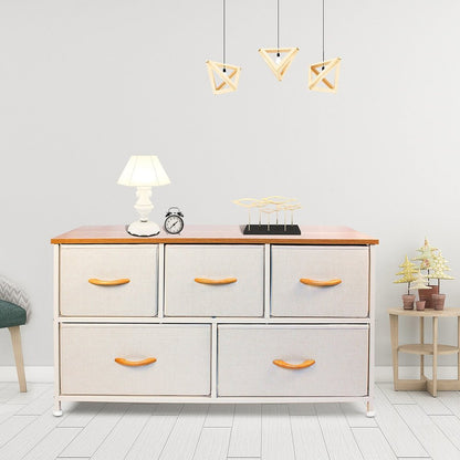 39" White and Natural White Fabric Chest With Two Shelves And Five Drawers HomeRoots