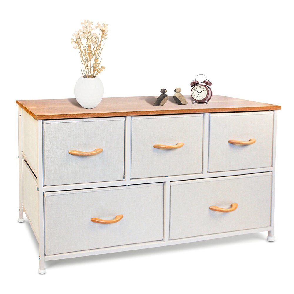 39" White and Natural White Fabric Chest With Two Shelves And Five Drawers HomeRoots