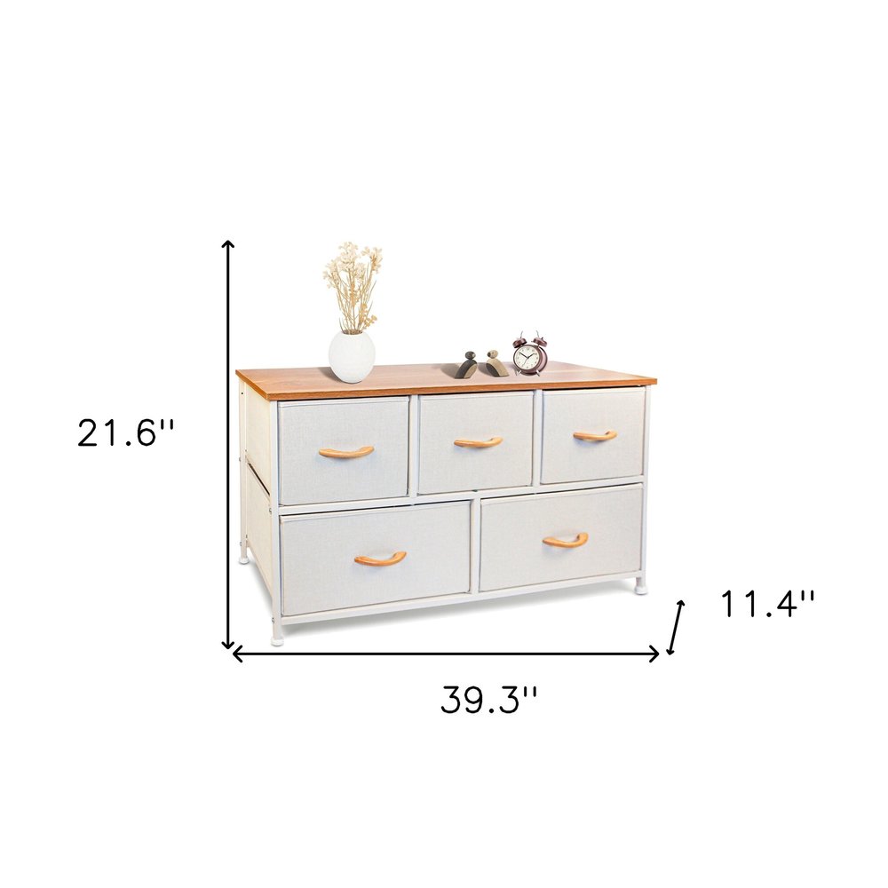 39" White and Natural White Fabric Chest With Two Shelves And Five Drawers HomeRoots