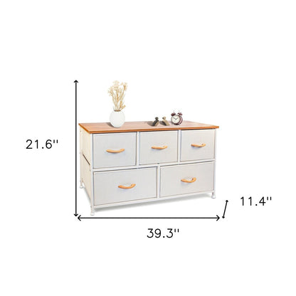 39" White and Natural White Fabric Chest With Two Shelves And Five Drawers HomeRoots