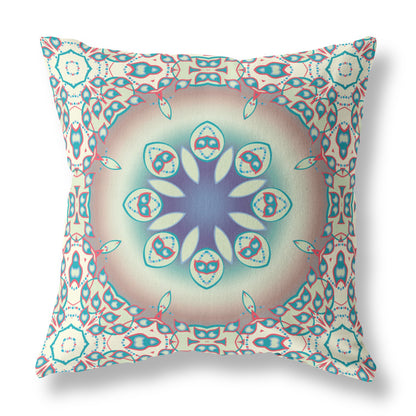 18" X 18" Beige And Blue Broadcloth Floral Throw Pillow