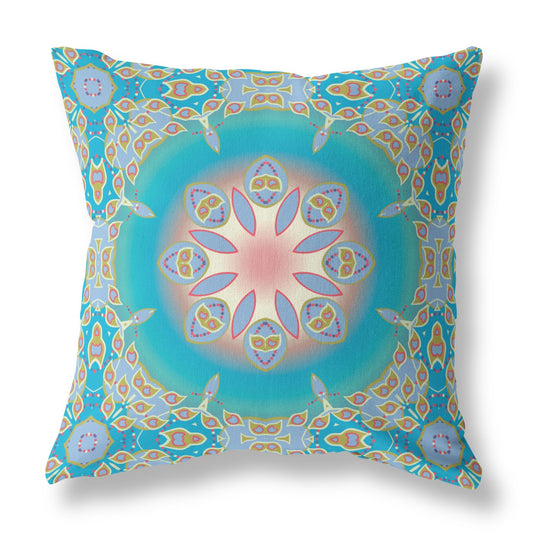 16" X 16" Blue And Green Broadcloth Floral Throw Pillow