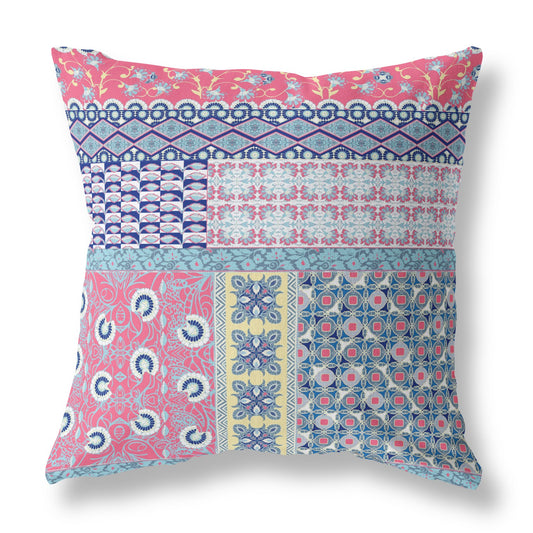 18" X 18" Pink Zippered Patchwork Indoor Outdoor Throw Pillow Cover & Insert