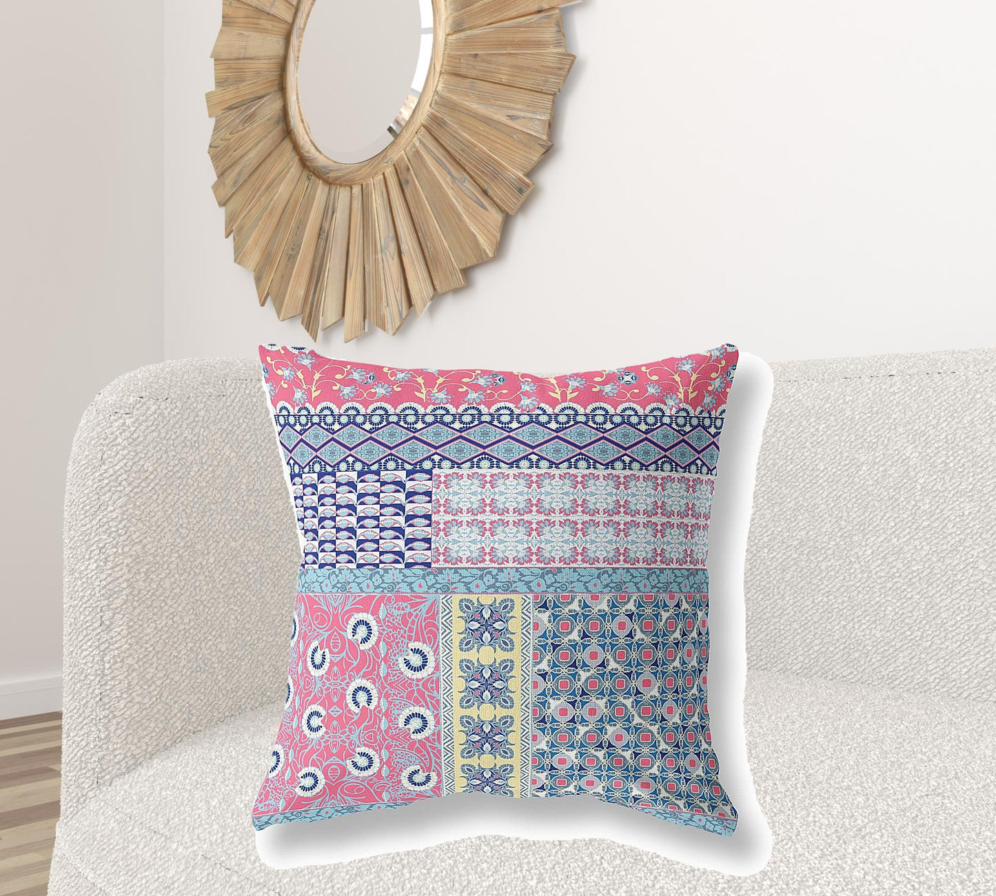 18" X 18" Pink Zippered Patchwork Indoor Outdoor Throw Pillow Cover & Insert