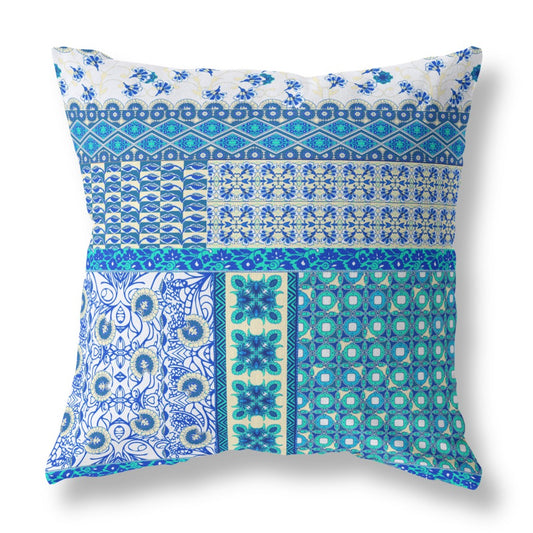 18" X 18" Blue And White Zippered Patchwork Indoor Outdoor Throw Pillow Cover & Insert