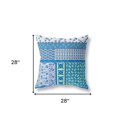 18" X 18" Blue And White Zippered Patchwork Indoor Outdoor Throw Pillow Cover & Insert