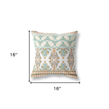 16" X 16" Orange And Teal Broadcloth Floral Throw Pillow