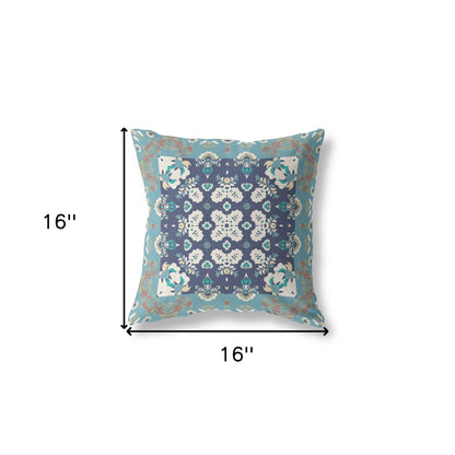 16" X 16" Gray And Blue Broadcloth Floral Throw Pillow