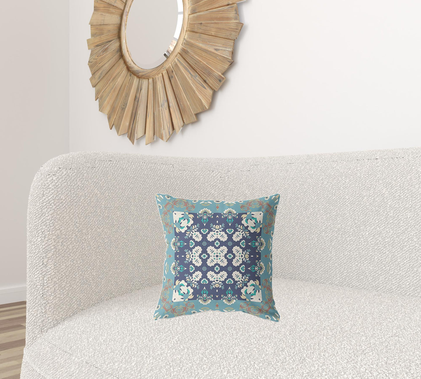 16" X 16" Gray And Blue Broadcloth Floral Throw Pillow