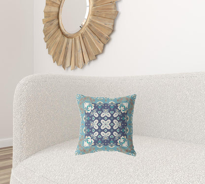 16" X 16" Gray And Blue Broadcloth Floral Throw Pillow