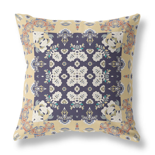 16" X 16" Yellow And Navy Broadcloth Floral Throw Pillow