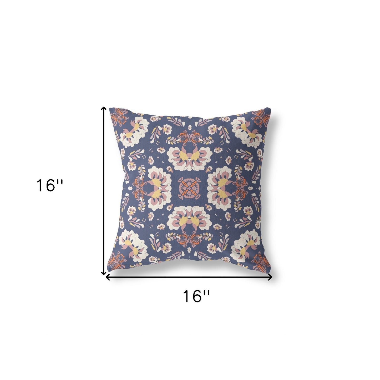 16" X 16" Blue And White Broadcloth Floral Throw Pillow