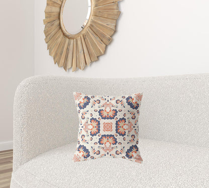 18" X 18" Off White And Blue Broadcloth Floral Throw Pillow